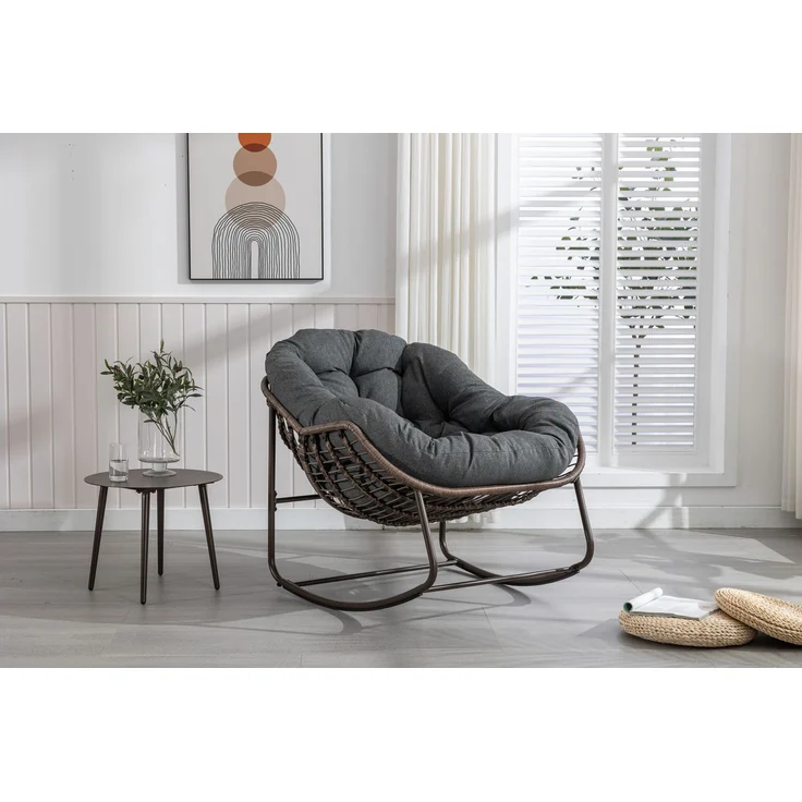 Gartenschaukelstuhl, extragroßer Schaukelstuhl aus Korbgeflecht in Eiform, bequemer Schaukelstuhl für drinnen und draußen mit dickem Kissen, moderner Lounge-Sessel für Balkon, Veranda, Garten, Terrasse, Hinterhof, Dunkelgrau – 93 x 73 x 23 cm – YOUDENOVA – Bild 1