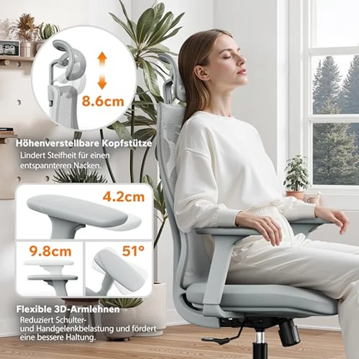 SENSE7 Gaming Stuhl Bürostuhl Ergonomisch Schreibtischstuhl Office Chair Chefsessel Drehstuhl Schreibtischsessel Verstellbar für Home Office Gamer bis 150kg Computerstuhl Bürosessel - MOYO Grau – Bild 5