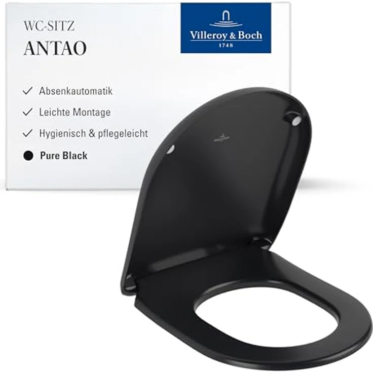 Villeroy & Boch Antao WC-Sitz, Toilettendeckel mit Absenkautomatik, abnehmbarer Toilettensitz aus bruchsicherem Duroplast, Klodeckel Original Ersatzteil, D-Form, Pure Black, matt – Bild 2
