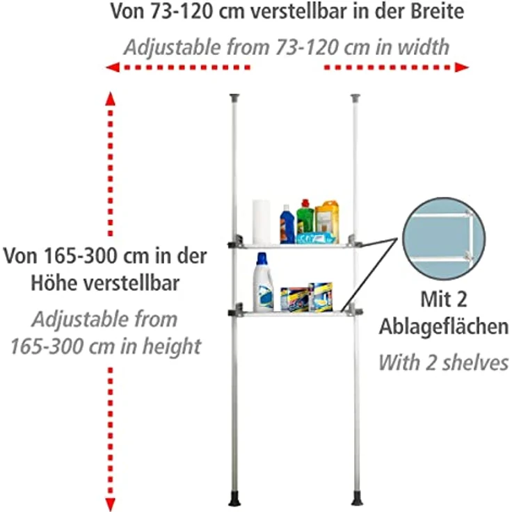 WENKO Teleskopregal Modell Herkules Twin, Set, 2 Trägerstangen, 2 verstellbare Ablagen, ideal für Bad & Abstellkammer – Bild 4