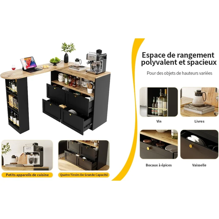 Bartisch 105 x 39 x 102 cm, 360° drehbar, mit 4 Schubladen und offenen Ablagen, Schwarz – Bild 6
