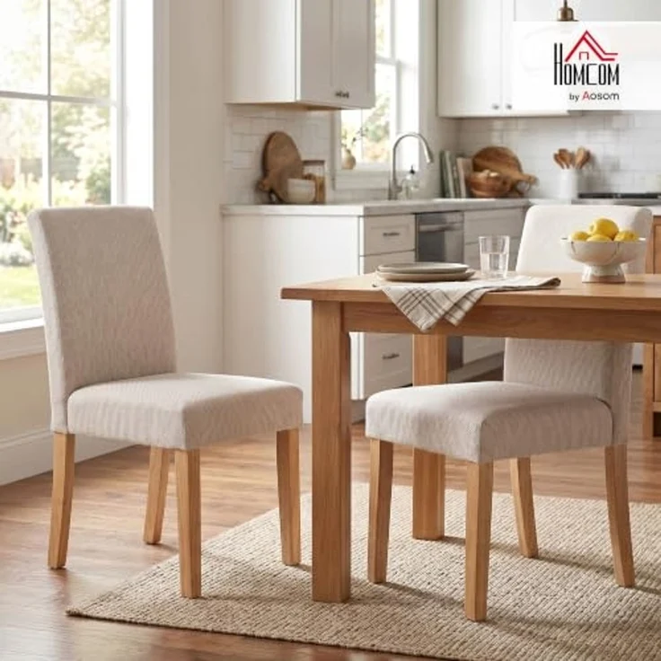 HOMCOM Esszimmerstühle 2er Set Rückenlehne Leinenoptik Essstuhl Cremeweiß | Küchenstuhl, Moderner Polsterstuhl, Kautschukholzbeinen, für Esstisch, Wohnzimmer, Esszimmer – Bild 2