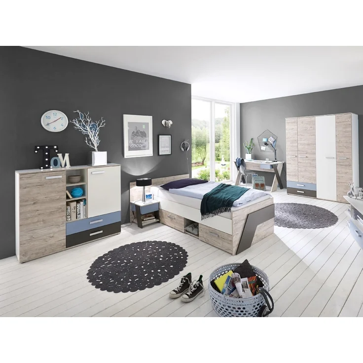 Jugendzimmer Set mit Schreibtisch 5-teilig LEEDS-10 in Sandeiche Nb. mit weiß, Lava und Denim Blau – Bild 1
