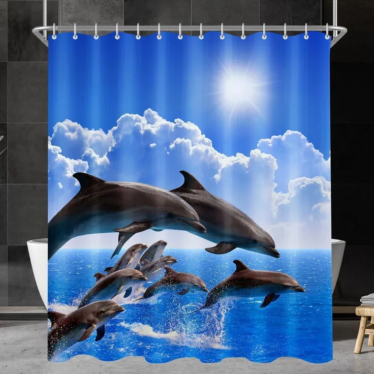 Duschvorhang Delphin 200x200cm Wasserabweisend Waschbar mit 12 Ösen