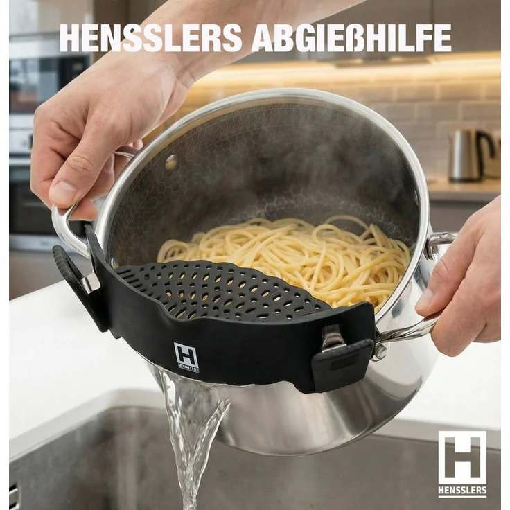 HENSSLERS Servierpfanne Premium, Pfanne Glasdeckel, inkl. Abgießhilfe & Grillzange - 4tlg, Edelstahl 18/10 (Set, 4-tlg) – Bild 4