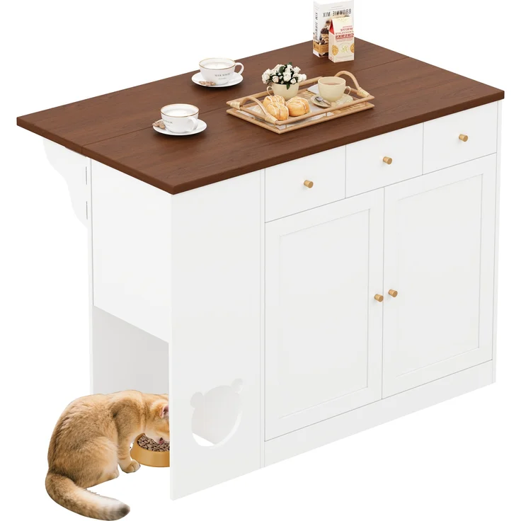 Merax Kücheninsel, Küchenwagen & Sideboard mit Schubladen – mit ausziehbarer Arbeitsplatte, Würzregal, Haustierfressbereich (ohne Katzensteller), Weiß + Nussbaumfarbe – Bild 10