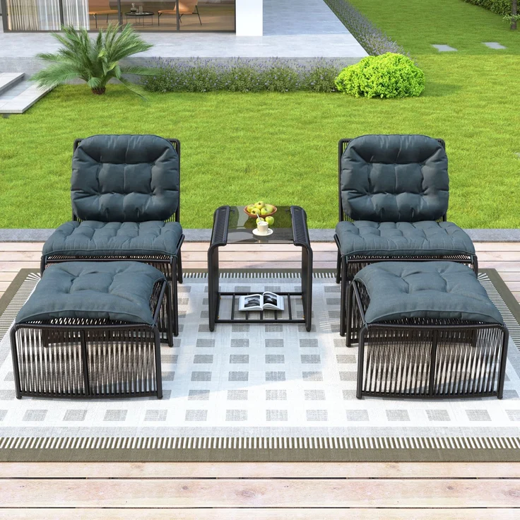 LVHOM Gartenmöbel-Set 5-tlg, Balkonmöbel-Set mit 2 Sessel, 2 Hocker und Tisch, inkl. Sitzpolster, Sitzgruppe Polyrattan, Wetterfestes Lounge-Set – Bild 8