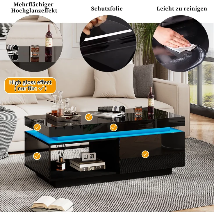 Hochglanz Couchtisch schwarz mit LED, Schublade, moderner Wohnzimmertisch, Design Beistelltisch 100×50×40 cm – Bild 7