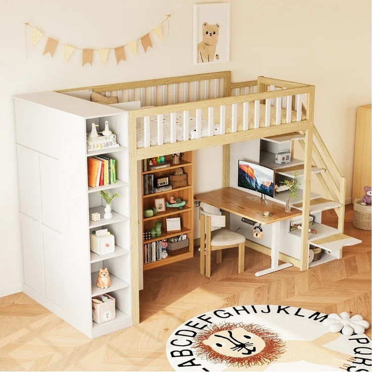 MODFU Hochbett Funktionsbett,Stauraumbett,Einzelbett,Kinderbett (Multifunktionales Hochbett,mit Regalen, Stauraum,für Kinderzimmer & Jugendzimmer, Platzsparend mit großem Kleiderschrank und Ablagefächern, Massivholz, bis 120 kg, 90x200 cm) ohne Matratze – Bild 2