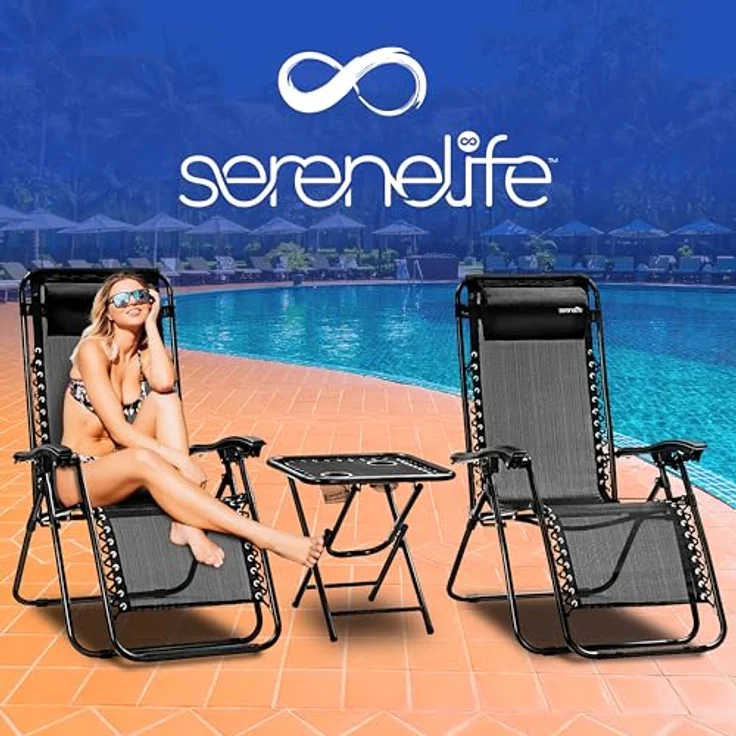 SereneLife Sonnenliege Wetterfest, Gartenliege Wetterfest zum Liegen, Loungesessel Verstellbar für Balkon, Garten, Terrasse & Camping mit Tisch, Kopfkissen & Getränkehalter, Deckchair, Gartenstuhl – Bild 8