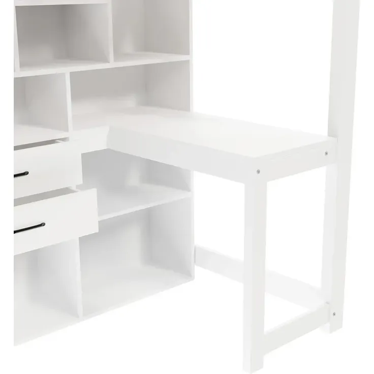 Hochbett mit Schreibtisch, Kleiderschrank, Regal, Lattenrost und Rausfallschutz, 90x200cm, Kinderbett, Stauraum, Jugendbett, Kiefer – Bild 10