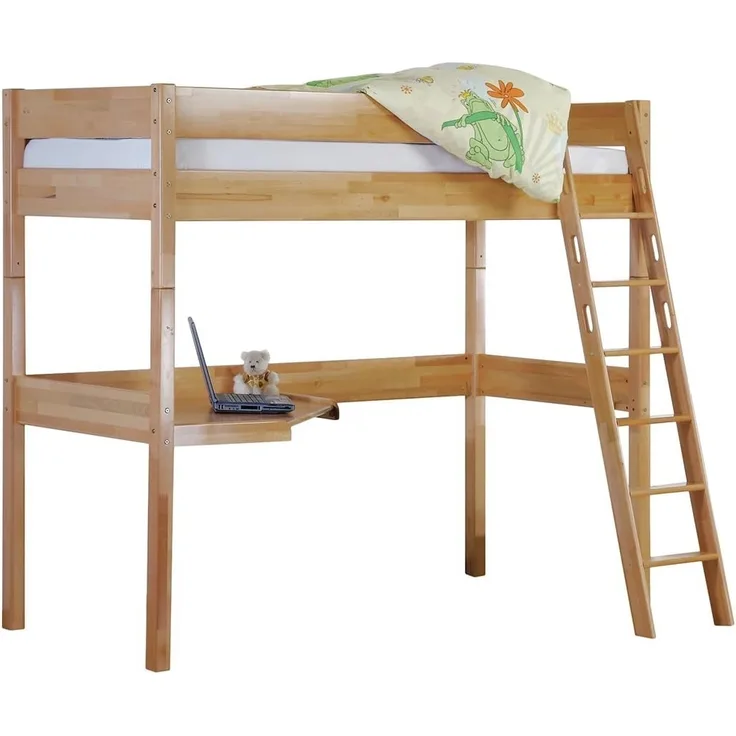 Hochbett RENATE Buche massiv natur lackiert, mit Schreibtisch