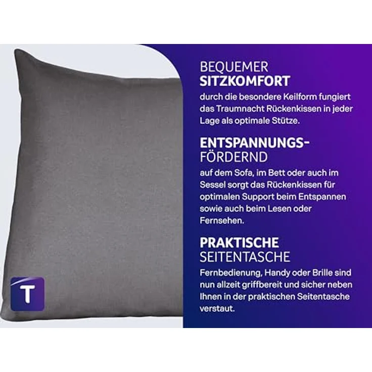 Traumnacht Cozy Rückenkissen, Lesekissen, 70x40 cm dunkelgrau, abnehmbarer,waschbarer Bezug aus 100% Polyester,praktisches Seitenfach,Öko-Tex zertifiziert,produziert nach deutschem Qualitätsstandard – Bild 3
