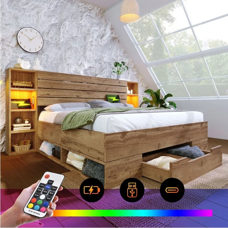 HAUSS SPOLE Holzbett 180×200 mit LED-Beleuchtung und USB C Stauraum-Kopfteil und Schubladen (Struraumbett, Doppelbett Funktionsbett, 180×200cm, ohne Matratze), Stauraumbett Bettanlage mit LED-Beleuchtung und USB/Type C – Bild 1