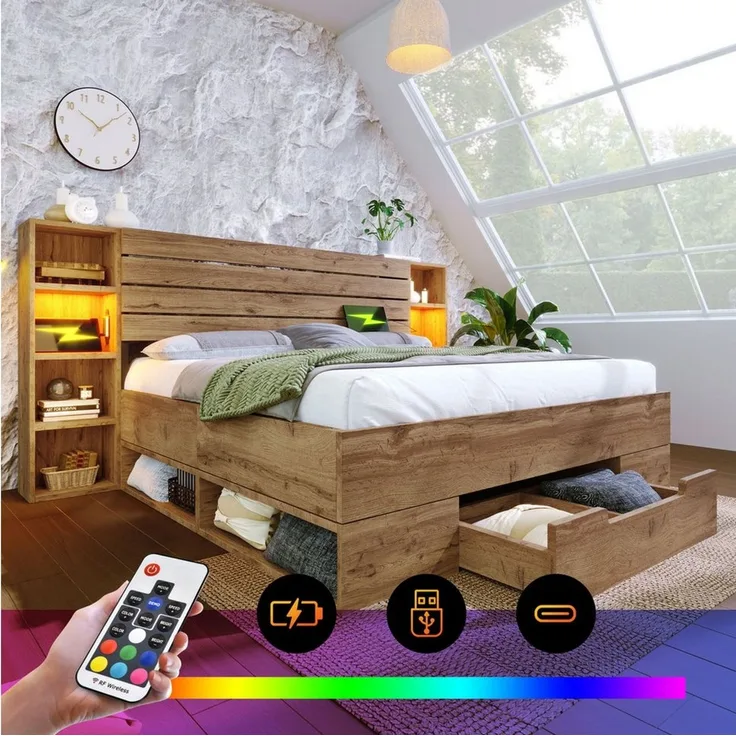 HAUSS SPOLE Holzbett 180×200 mit LED-Beleuchtung und USB C Stauraum-Kopfteil und Schubladen (Struraumbett, Doppelbett Funktionsbett, 180×200cm, ohne Matratze), Stauraumbett Bettanlage mit LED-Beleuchtung und USB/Type C