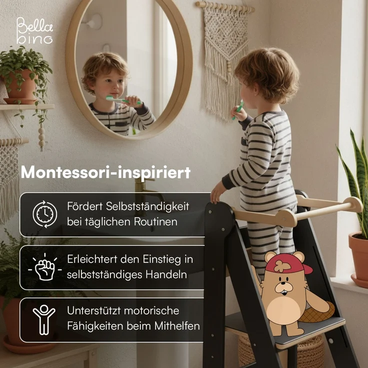 Bellabino 'Tay' Lernturm für Kinder ab 1 Jahr, Tritt 2-fach höhenverstellbar, natur/grau, Birke Sperrholz, klappbar, Tritthocker bis 50 kg belastbar – Bild 3