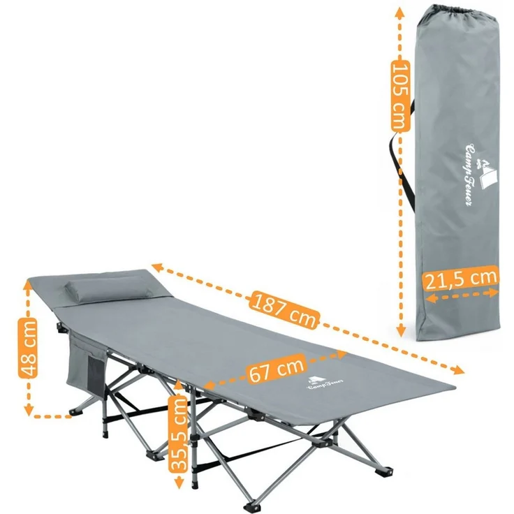 CampFeuer Campingliege Campingbett mit Kopfkissen, Anthrazit, bis 150 kg, 187 x 67 x 48 cm Hohe Belastbarkeit – Bild 3