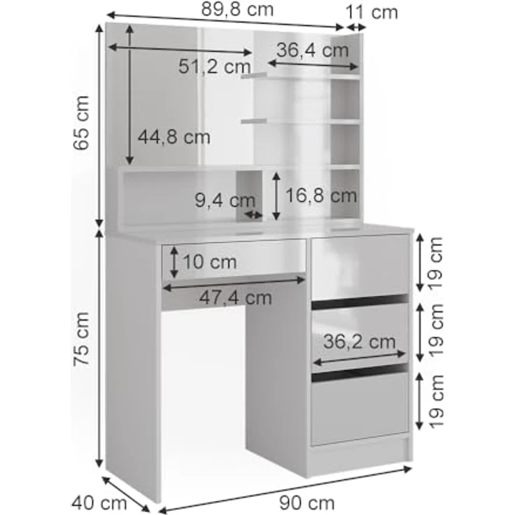Vicco Schminktisch Sherry, Weiß Hochglanz, mit Spiegelregal, 4 Schubladen, 9 Fächer, 90x75x40 cm – Bild 3
