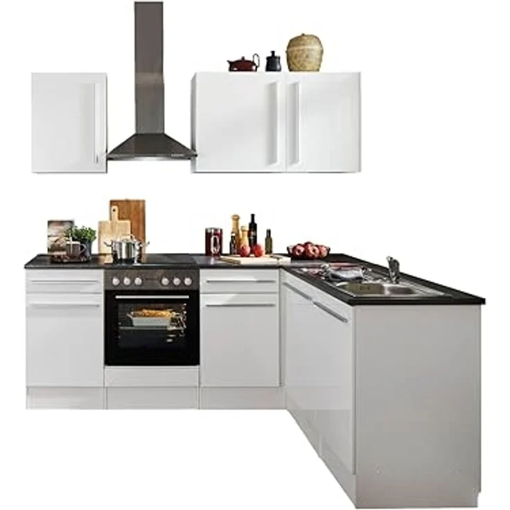 Jazz 8 Moderne Eckküche ohne Elektrogeräte in Weiß Hochglanz, Metallic Grau - Geräumige Küchenzeile in L-Form mit viel Stauraum - 220 x 211 x 60 cm (B/H/T) – Bild 1