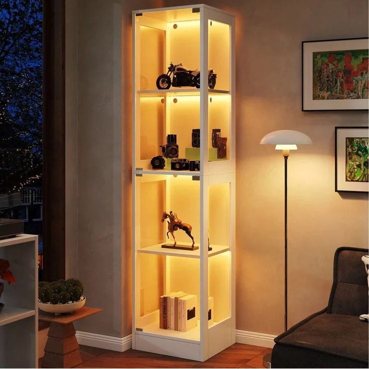 Flieks Glasvitrine Eckvitrine mit LED-Beleuchtung und Doppeltüren aus gehärtetem Glas (1-St, 40x35x170 cm) Standvitrine Eckschrank Hochschrank Sammlervitrine mit 4 Fächern Weiß – Bild 1