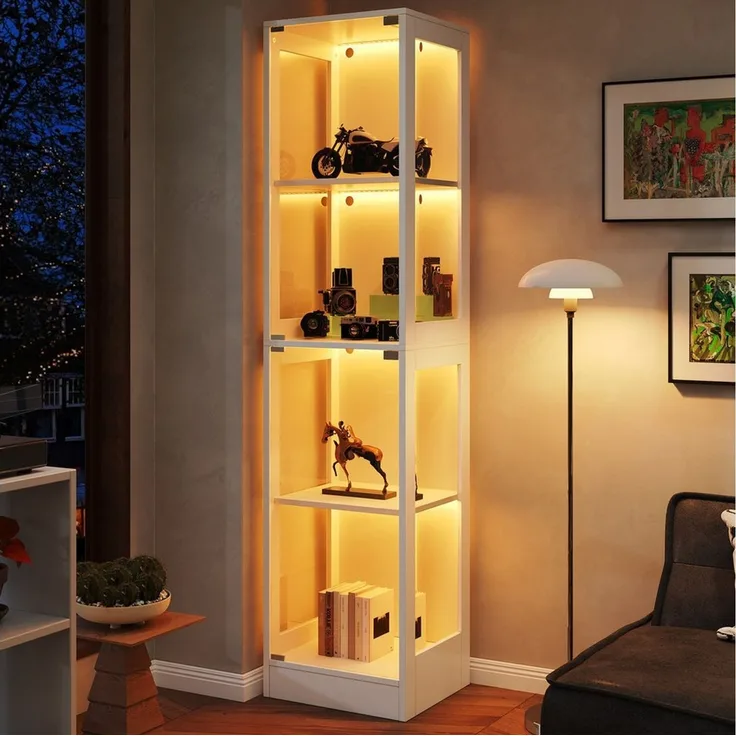 Flieks Glasvitrine Eckvitrine mit LED-Beleuchtung und Doppeltüren aus gehärtetem Glas (1-St, 40x35x170 cm) Standvitrine Eckschrank Hochschrank Sammlervitrine mit 4 Fächern Weiß