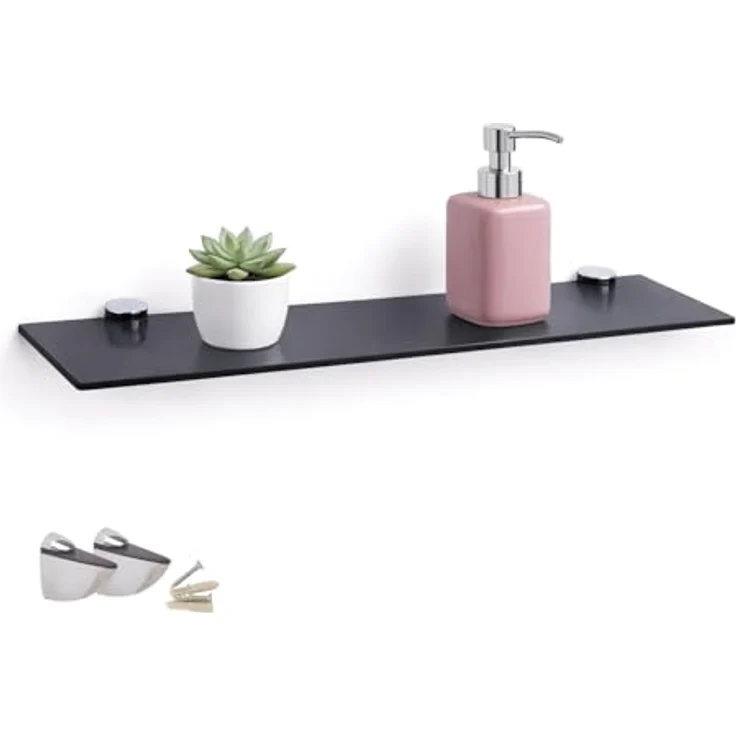 Euro Tische Glas Wandregal 30cm Schwarzglas - Badezimmer Regal aus Glas - 30-100 cm 6mm Glasscheibe aus ESG Sicherheitsglas - Wandboard schwarz an Metallhaltern Montiert – Bild 2