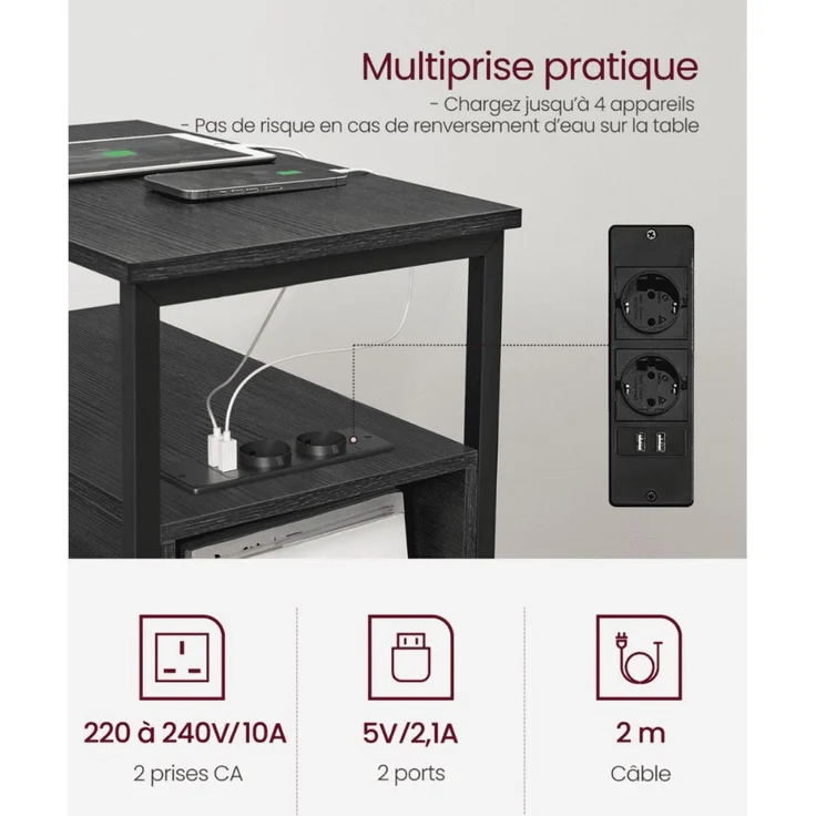 VASAGLE Beistelltisch, 2er Set, Nachttisch mit Steckdosenleiste, 2 Schubladen, Sofatisch, Nachtschrank für Wohnzimmer, Schlafzimmer, anthrazitgrau-klassikschwarz LCT648B22 – Bild 10