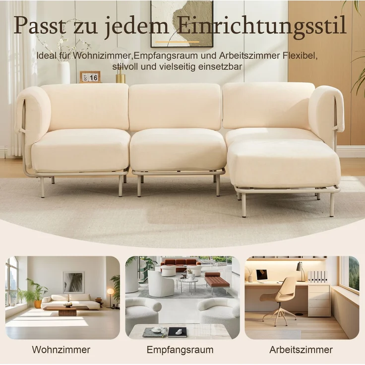 Modulares Ecksofa mit Hocker, Chenille, flexible L-Form, 251x155x78 cm, Beige – Bild 8