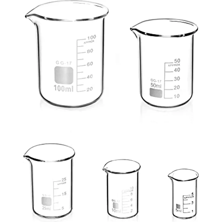 QWORK® 5stk Abgestufter Messbecher Glas Becherglas 5ml 10ml 25ml 50ml 100ml Set für Labor Küche