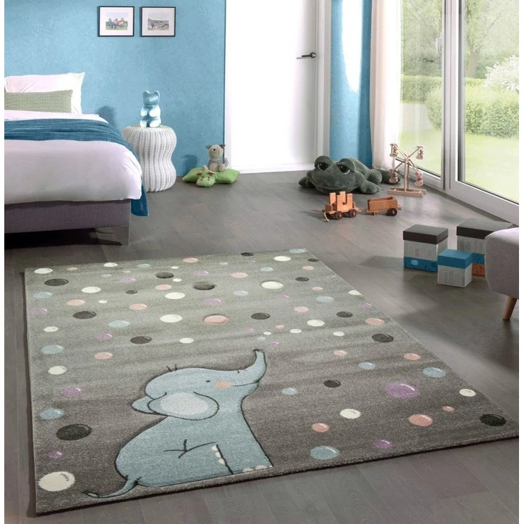 Carpetia Kinderteppich Teppich Kinderzimmer Elefant Punkte grau blau, rechteckig, Höhe: 13 mm – Bild 5