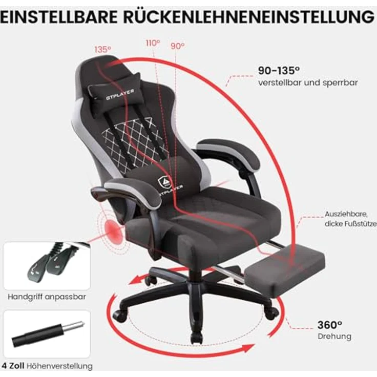 GTPLAYER Gaming-Stuhl Ergonomischer Gaming Sessel Schreibtischstuhl mit Stoffoberfläche (Pacekung), Federsitzkissen mit Fußstütze – Bild 5