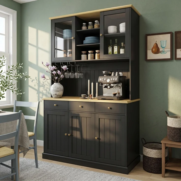 Buffetschrank mit Glastüren, Gläserhalter & Stromanschlüssen, 120x40x191 cm, Schwarz – Bild 6