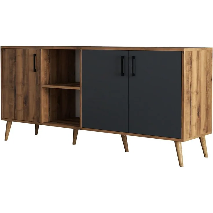 Calicosy 'EXXEN' Buffet mit 2 Fächern 3 Türen Dekor Anthrazitgrau L180 cm - Dunkles Holz