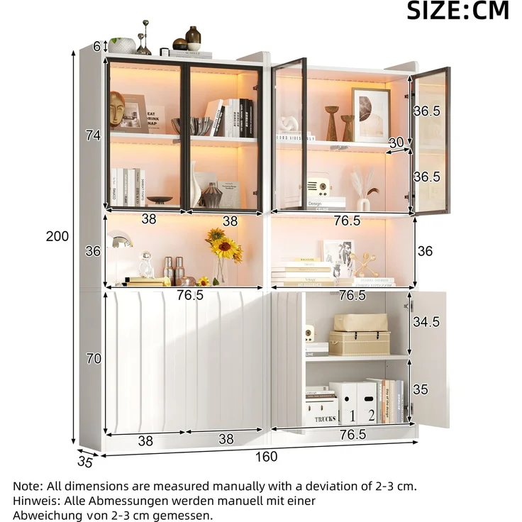 Vitrinen-Set 160x35x200 cm, 2 Hochschränke mit Glas, LED und Stauraum – Bild 5