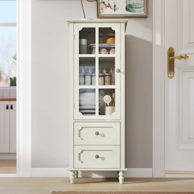 Vitrine 50 x 40 x 133 cm aus MDF in Cremeweiß mit Glastür und 2 Schubladen – Bild 1