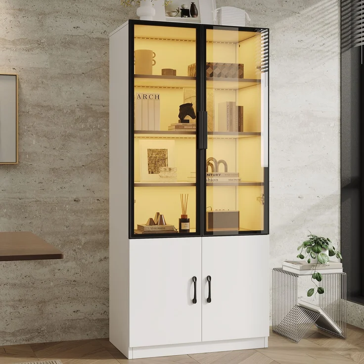 ZUBALIYA 120*40*160 cm große Vitrine mit LED-Beleuchtung – Kombinationsvitrine, Vitrine aus Rauchglas mit Aluminiumrahmen und zwei Türen im unteren Bereich, Bücherregal, Vitrine,Sideboard – Bild 14