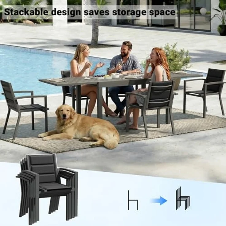 JUMMICO Garten Balkon Möbel Set Aluminium Leichtgewicht Stapelbare Stühle mit Textilpolster Stabil und Einfach Montiert,6 Personen Set – Bild 6