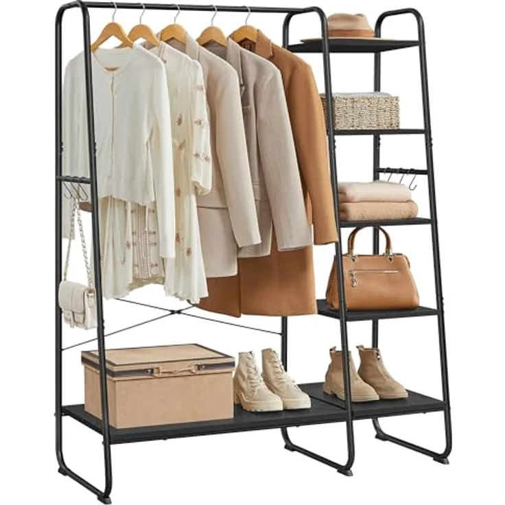 VASAGLE Kleiderständer, Garderobenständer, 45 x 120 x 160 cm Garderobe, Kleiderstange, Schuhablage, offener Kleiderschrank, 6 Haken abnehmbar, Schlafzimmer Flur, ebenholzschwarz-Mattschwarz RGR116B02 – Bild 2