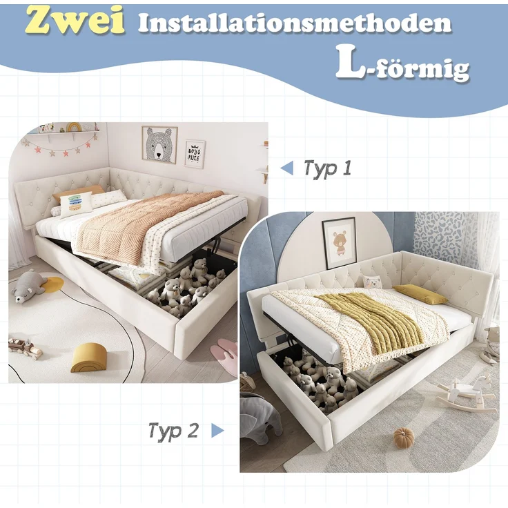 Polsterbett 90x200 cm aus Samt mit hydraulischem Stauraum – L‑förmiges Daybed, beige – Bild 5
