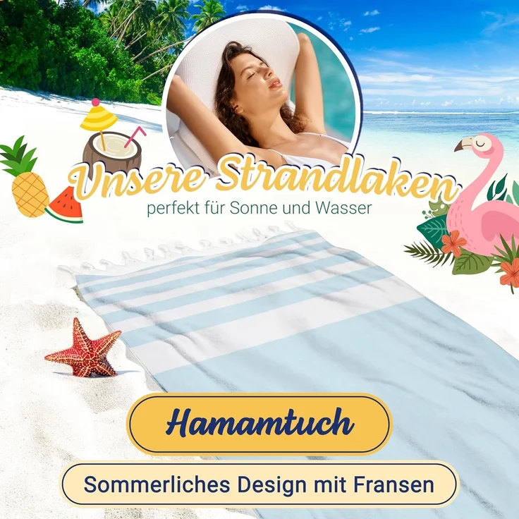 ZOLLNER Hamamtuch mit Fransen, Baumwolle, 90x170 cm, hellblau-weiß-gestreift – Bild 3