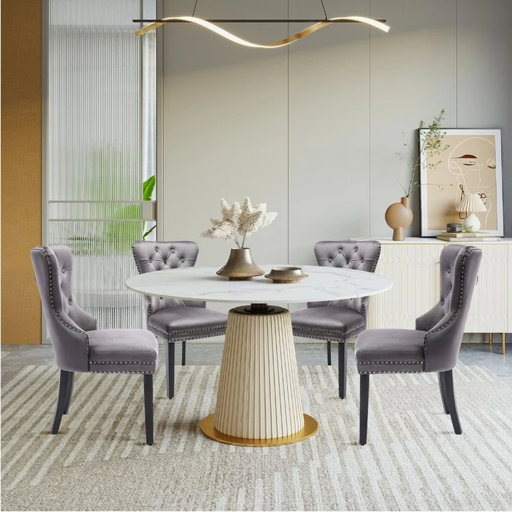 Puluomis Esszimmerstuhl (2/4/6/8 Set Grau/ Schwarz/Beige, 8 St), Samt Stuhl mit hoher Rückenlehne, Küchenstuhl mit Holzbeinen – Bild 2