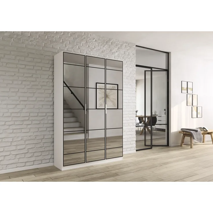 rauch Acero, Garderobenschrank in moderner Loft-Optik, 3-türig, 3 Glastüren, mit 8 Einlegeböden, Farbe Weiß, BxHxT 136x210x41cm