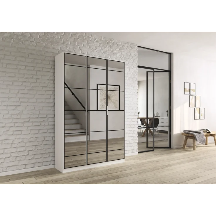 rauch Acero, Garderobenschrank in moderner Loft-Optik, 3-türig, 3 Glastüren, mit 8 Einlegeböden, Farbe Weiß, BxHxT 136x210x41cm – Bild 1