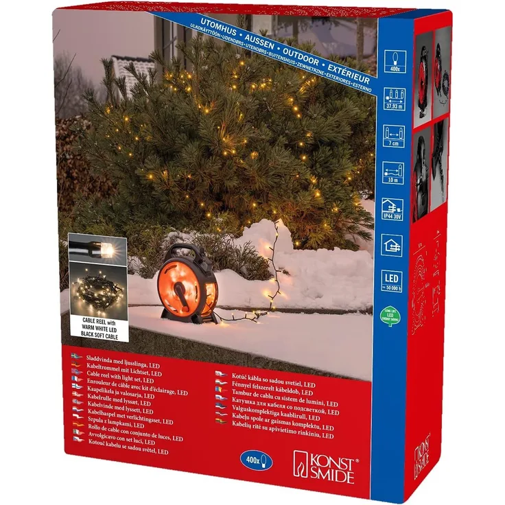 LED Lichterkette mit Kabelaufroller - 400 warmweiße LED - L: 27,9m - Außen - Trafo - schwarz/rot