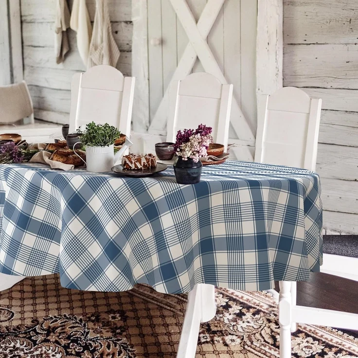 Yighty Buffalo Plaid ovale Tischdecke 152,4x213,3 cm, blau-weiß, rustikal im Landhausstil. Wasserdicht, Polyester, ideal für Bauernhaus, Küche, drinnen & draußen, Partys und Picknicks – Bild 1