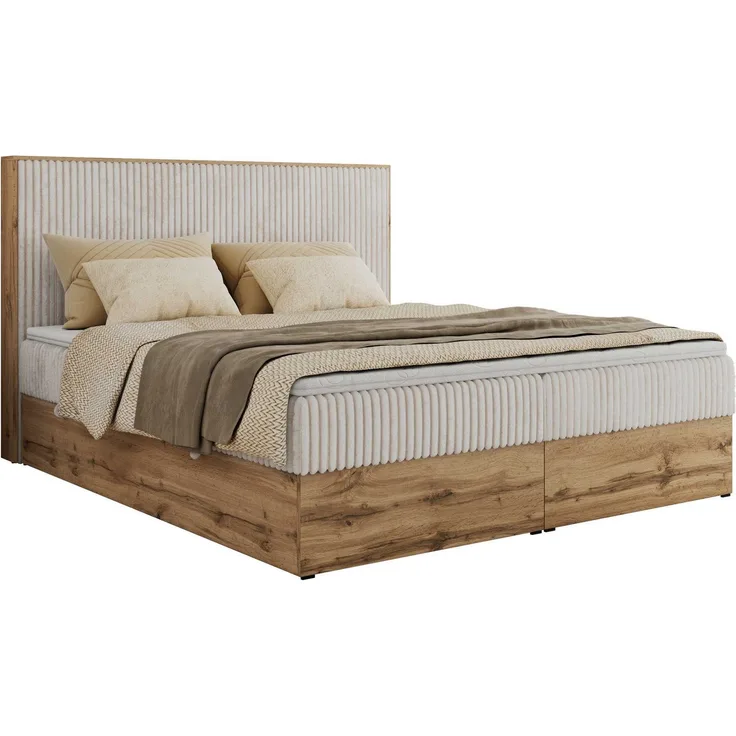 MKS MÖBEL Boxspringbett WOOD CLASSIC, Doppelbett mit hohen Kopfteil, 7-Zonen-Multipocket-Matratzen und Stauraum in Wotan-Eiche, inkl. T25/Visco-Topper