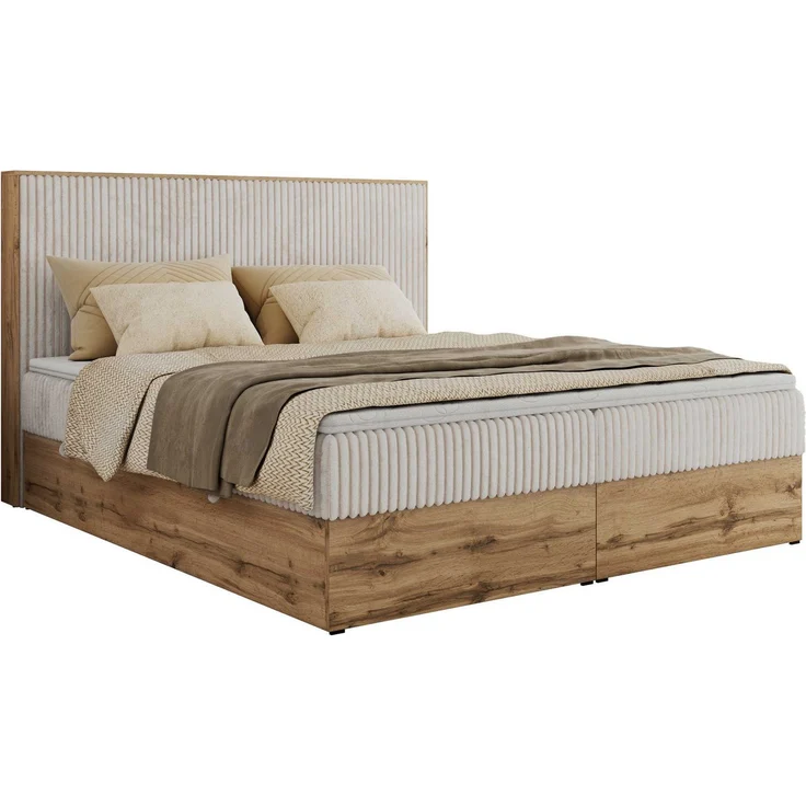 MKS MÖBEL Boxspringbett WOOD CLASSIC, Doppelbett mit hohen Kopfteil, 7-Zonen-Multipocket-Matratzen und Stauraum in Wotan-Eiche, inkl. T25/Visco-Topper