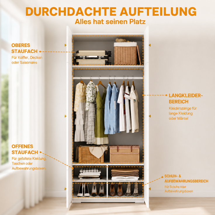 Abrihome Kleiderschrank Hochschrank, Weiß, 90x50x200 cm, 1 Kleiderstange, 5 Staufächer – Bild 4