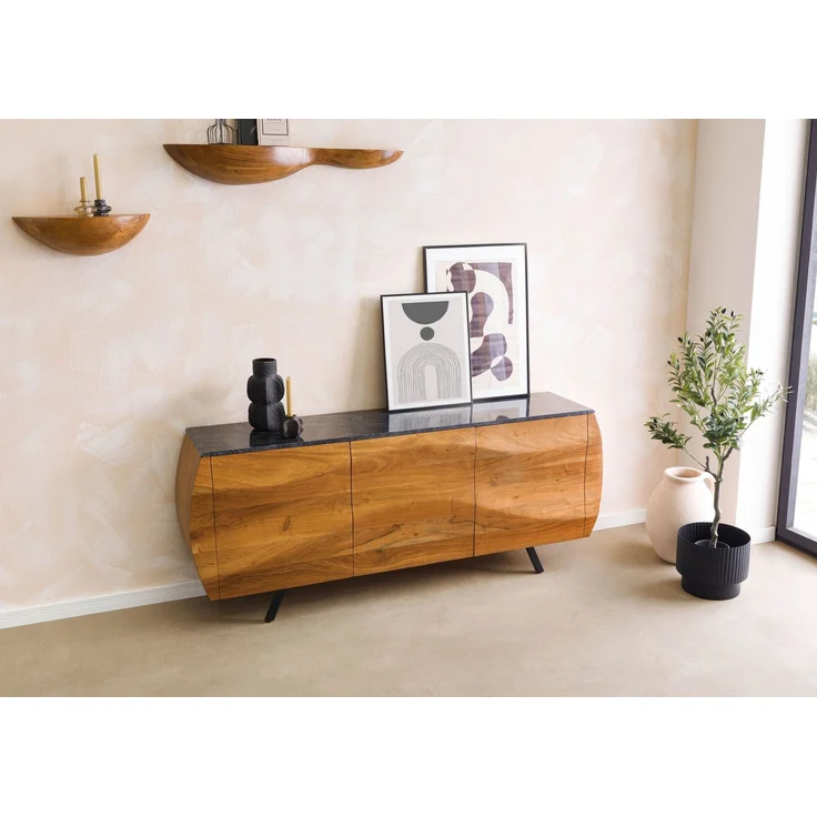 Sideboard Akazie 184x40x75 natur lackiert / Marmor schwarz MONTREAL #127 – Bild 3