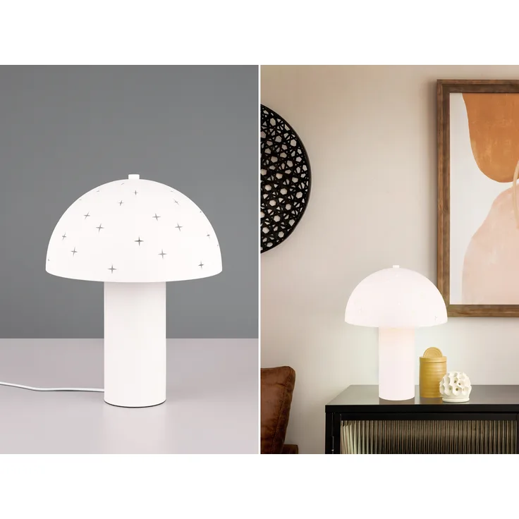 LED Tischleuchte aus Metall Weiß, Lampenschirm mit Dekorstanzung, Höhe 33 cm